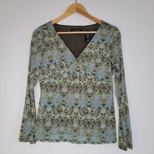 AXCESS Green Floral Mesh Top Size L Sheer Overlay Lined V Neck Y2K Mesh